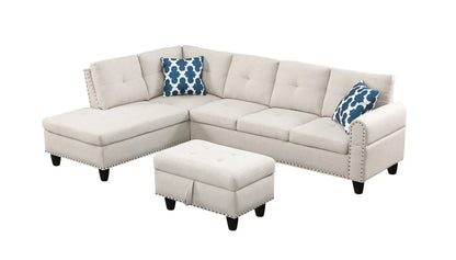 Beige left-hand facing sofa with chaise and ottoman; nailhead trim, patterned pillows on Tampa Home & Garden Store