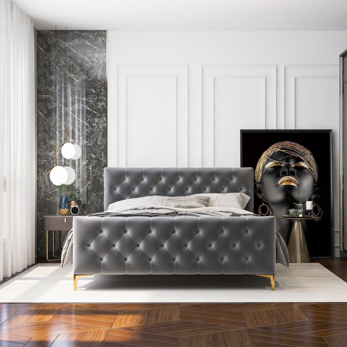 Elegant Design Upholstered Bed with solid wood frame in dark gray by HouseOfZazla on Tampa Home & Garden Store