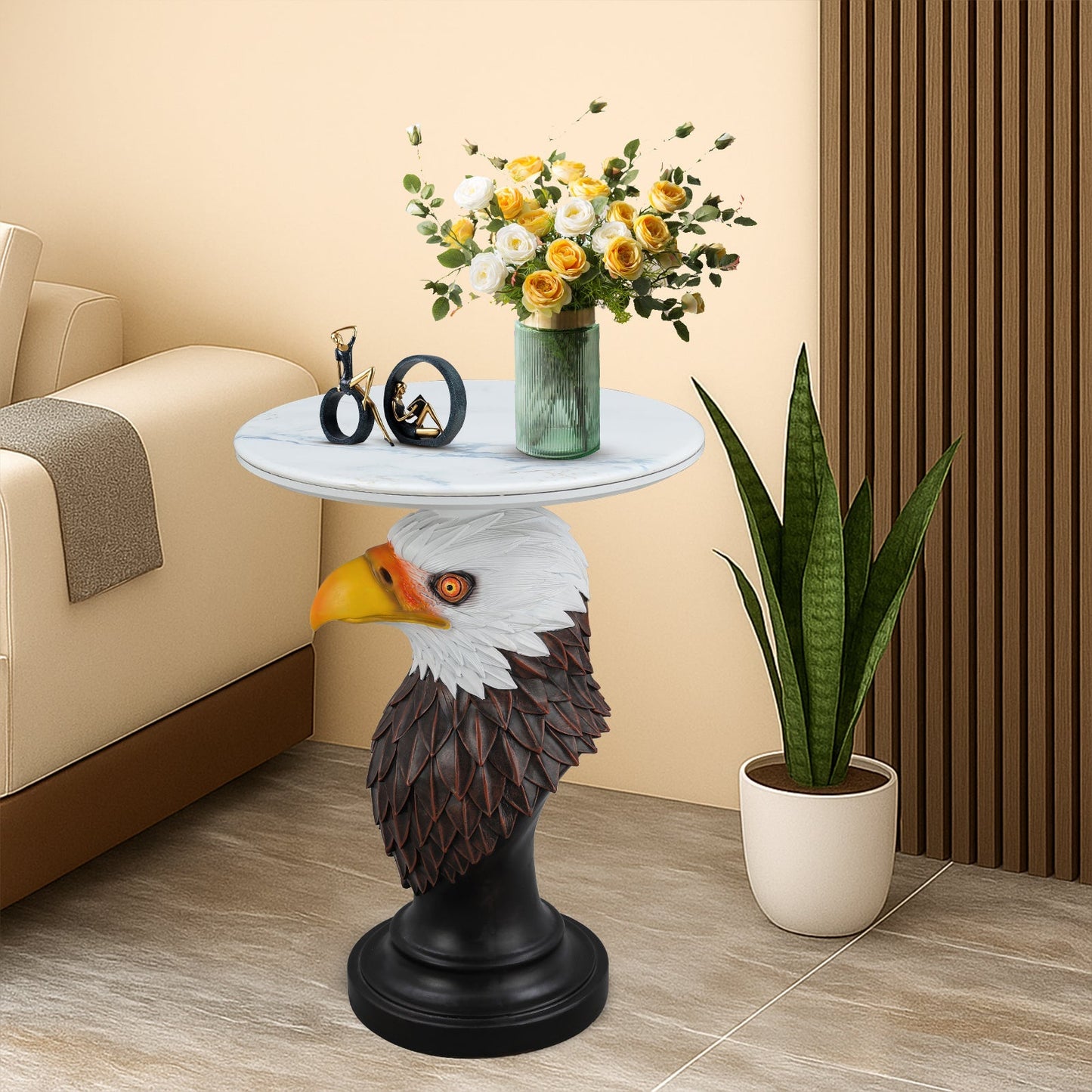 Eagle Head Accent End Table with marble top and black pedestal base, green vase of roses on Tampa Home & Garden Store