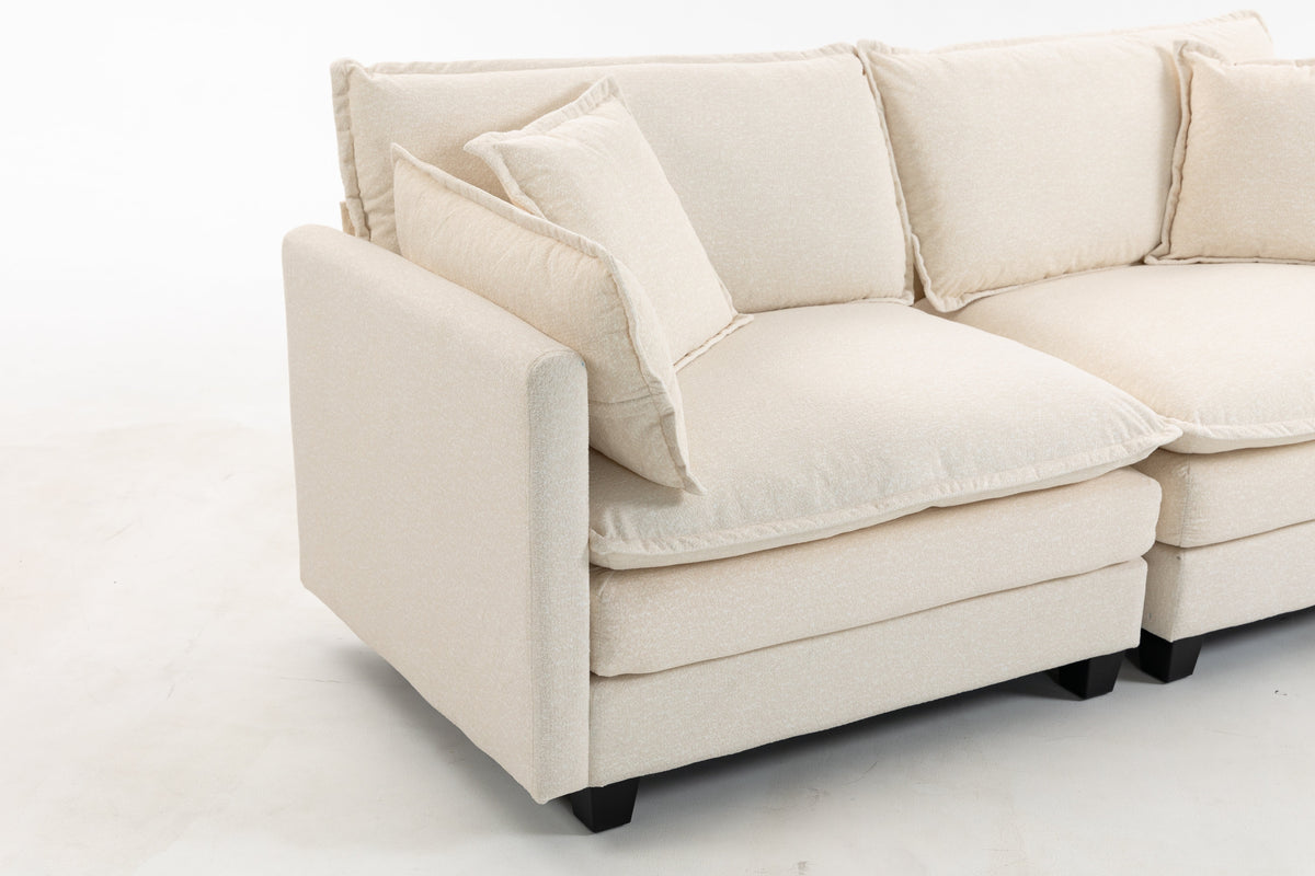 Modern 2-Seats Sectional Sofa with Waist Pillows in beige fabric, close-up of cushions and arm on Tampa Home & Garden Store
