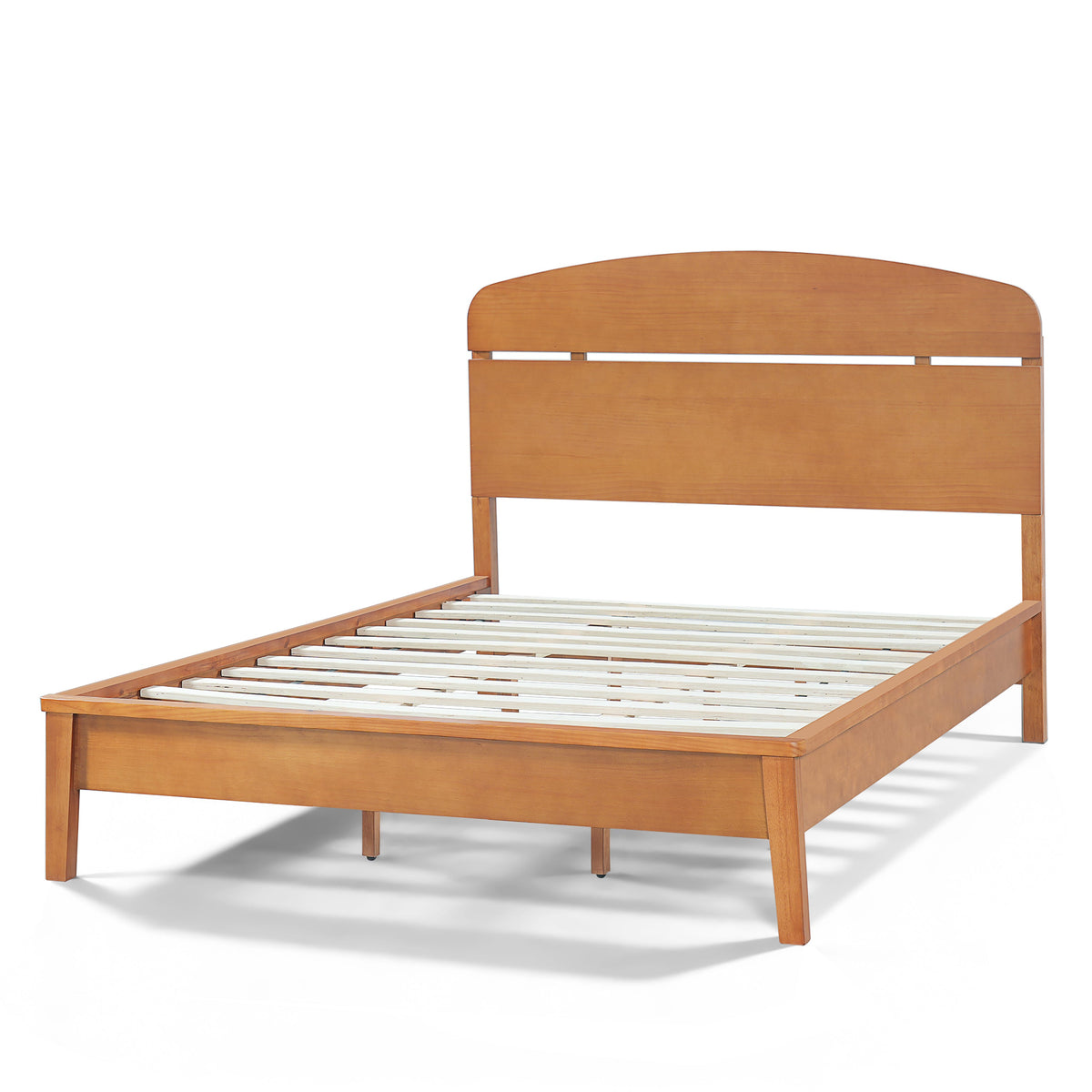Queen size solid wood platform bed with curved headboard in warm oak finish, slatted base, HouseOfZazla on Tampa Home & Garden Store