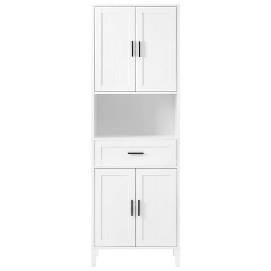 White tall two-door linen cabinet with beadboard doors and black metal handles on Tampa Home & Garden Store