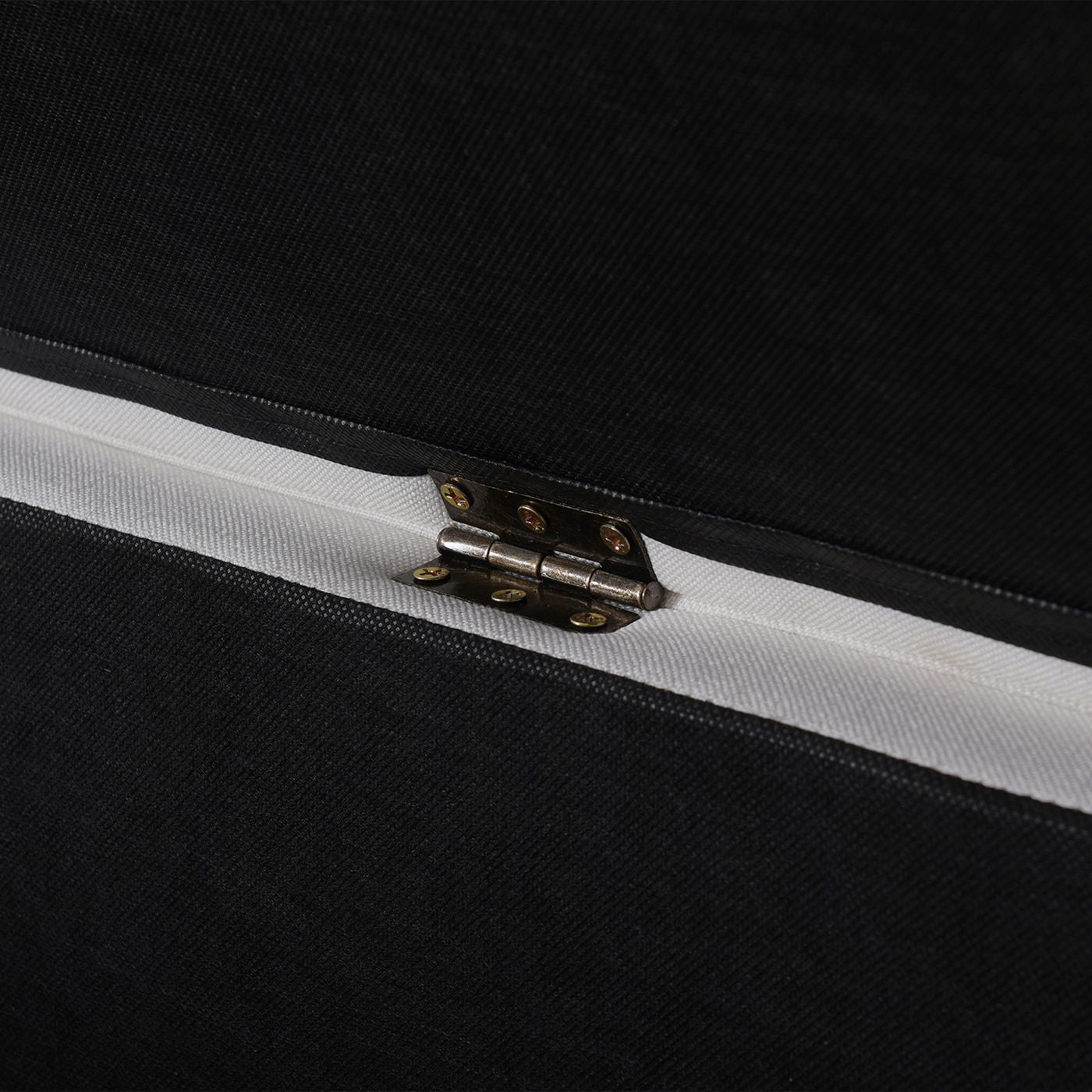 Madelyn Modern Storage Bench by HouseOfZazla; black fabric hinge closeup on Tampa Home & Garden Store