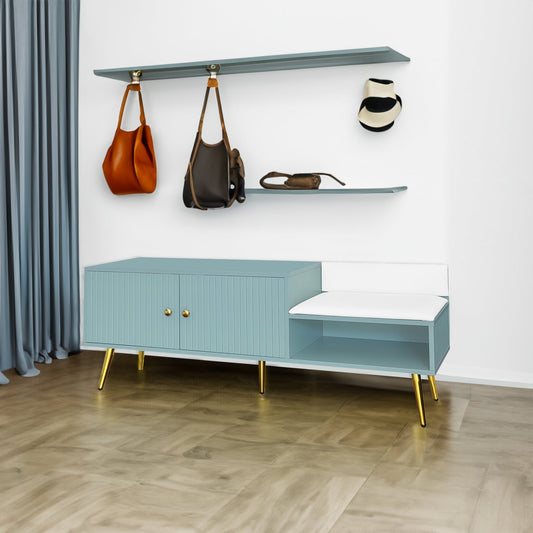 Modern Shoe Storage Bench with Hidden Storage and Upholstered Cushions for Bedside, Living Room and Entryway (Tiffany Blue)