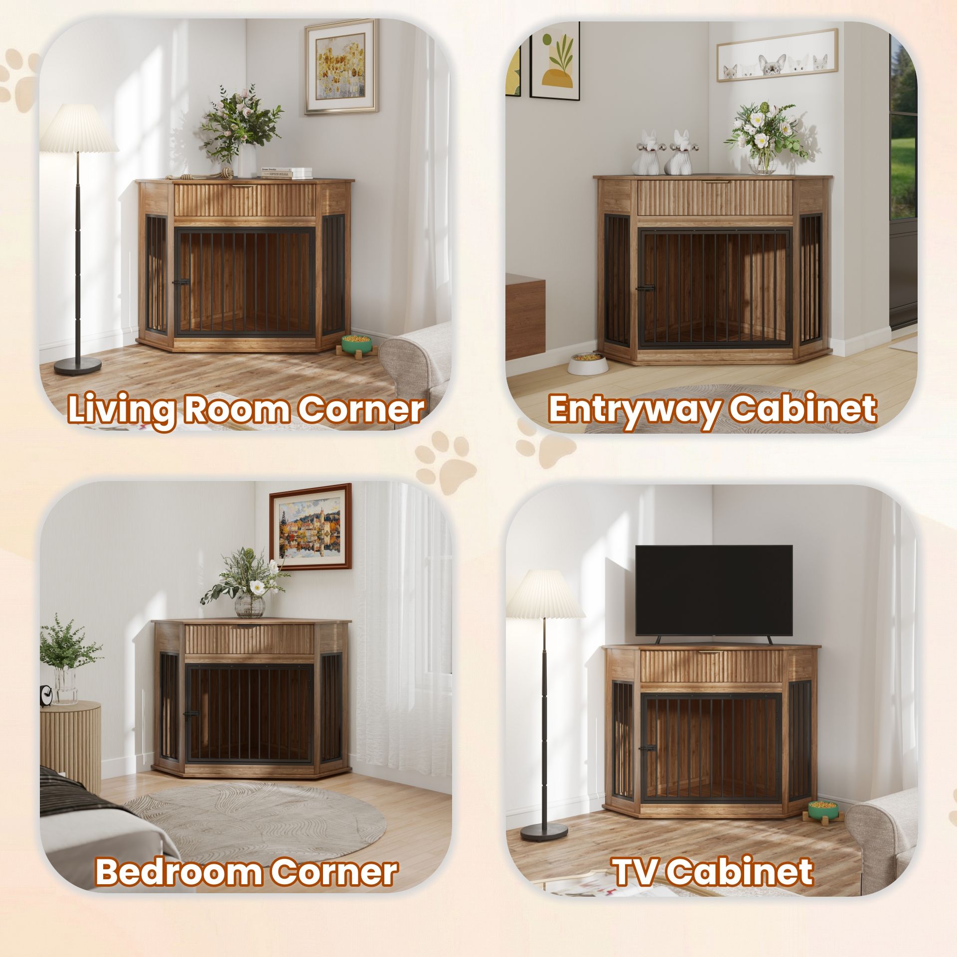 Corner Dog Crate by HouseOfZazla, wooden cabinet with vertical slats and black bars on Tampa Home & Garden Store