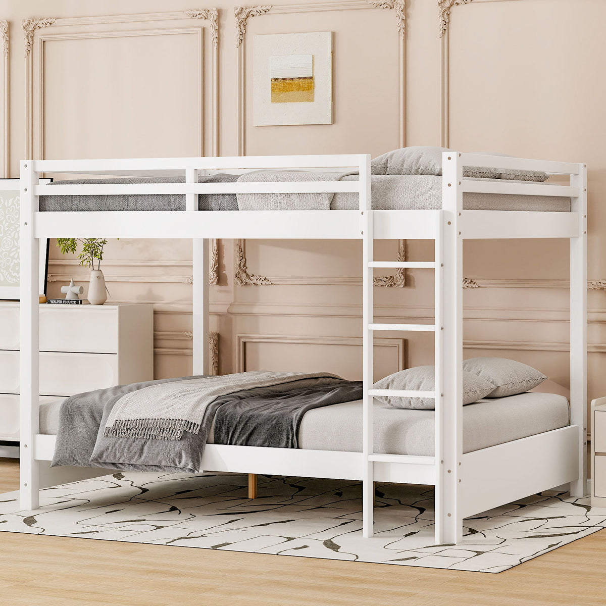 Sturdy white bunk bed with ladder, gray bedding, HouseOfZazla bunk beds in a beige bedroom on Tampa Home & Garden Store