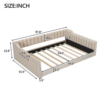 Daybed with side storage pocket in beige upholstered fabric, tufted back, wood slat base on Tampa Home & Garden Store