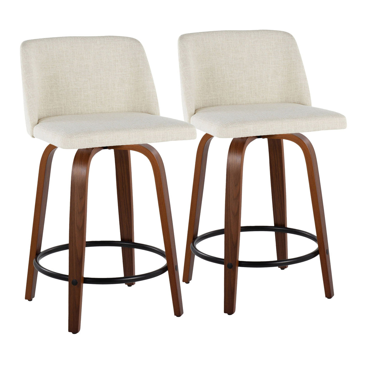 Pair of beige upholstered swivel counter stools with wood legs and circular footrests on Tampa Home & Garden Store