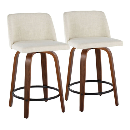 Pair of beige upholstered swivel counter stools with wood legs and circular footrests on Tampa Home & Garden Store