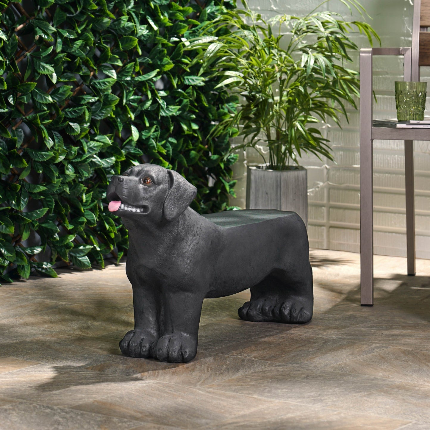 MGO Dog Bench outdoor Labrador design in matte black beside greenery for patio use on Tampa Home & Garden Store
