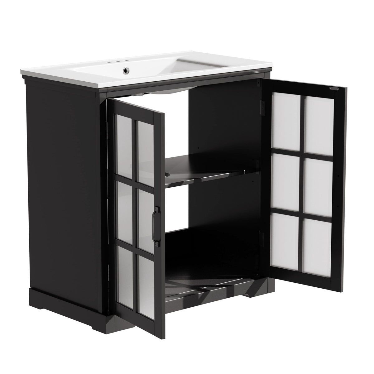 Modern bathroom vanity with ceramic sink, black cabinet and tempered blurred glass doors on Tampa Home & Garden Store
