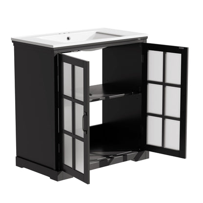 Modern bathroom vanity with ceramic sink, black cabinet and tempered blurred glass doors on Tampa Home & Garden Store
