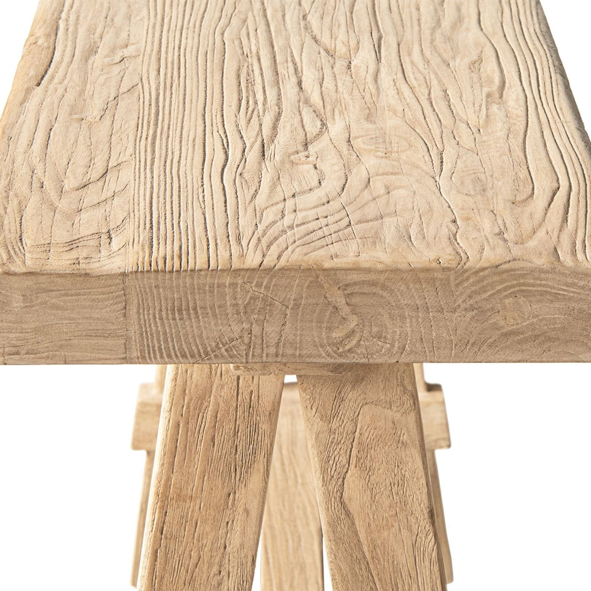 Trestle coffee table with solid reclaimed elm construction in light brown finish HouseOfZazla on Tampa Home & Garden Store