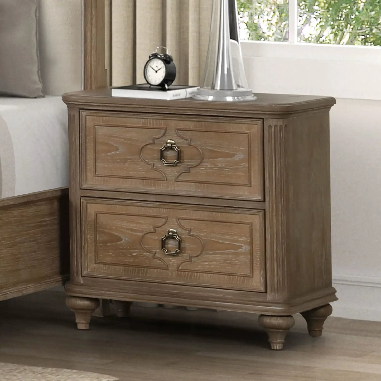 1 Piece Nightstand with rustic oak finish, decorative panels and two drawers on Tampa Home & Garden Store