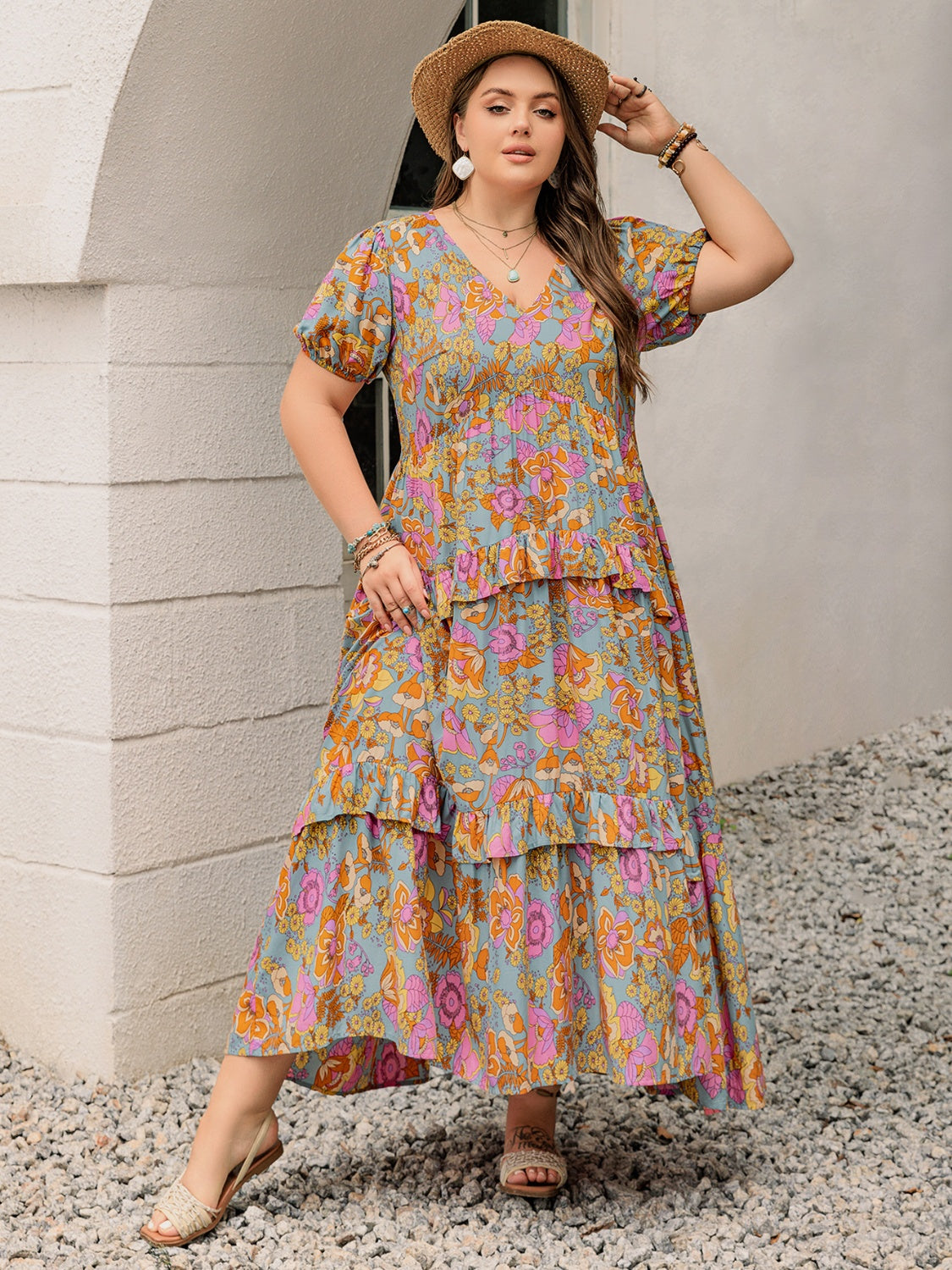 Plus size printed v-neck maxi dress in pastel blue with pink and orange florals, tiered ruffles on Tampa Home & Garden Store