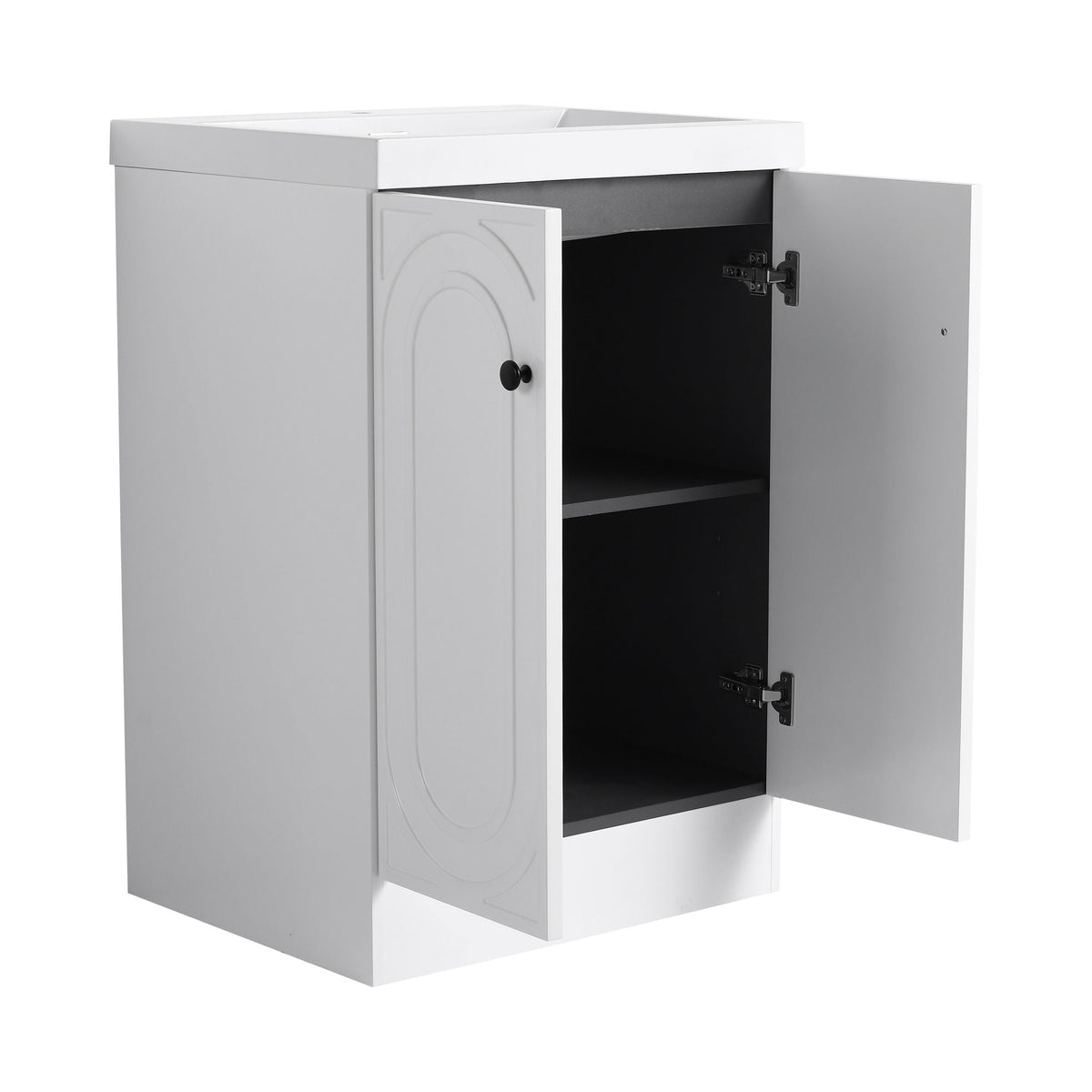 Freestanding bath vanity with resin sink, white cabinet, black interior by HouseOfZazla on Tampa Home & Garden Store