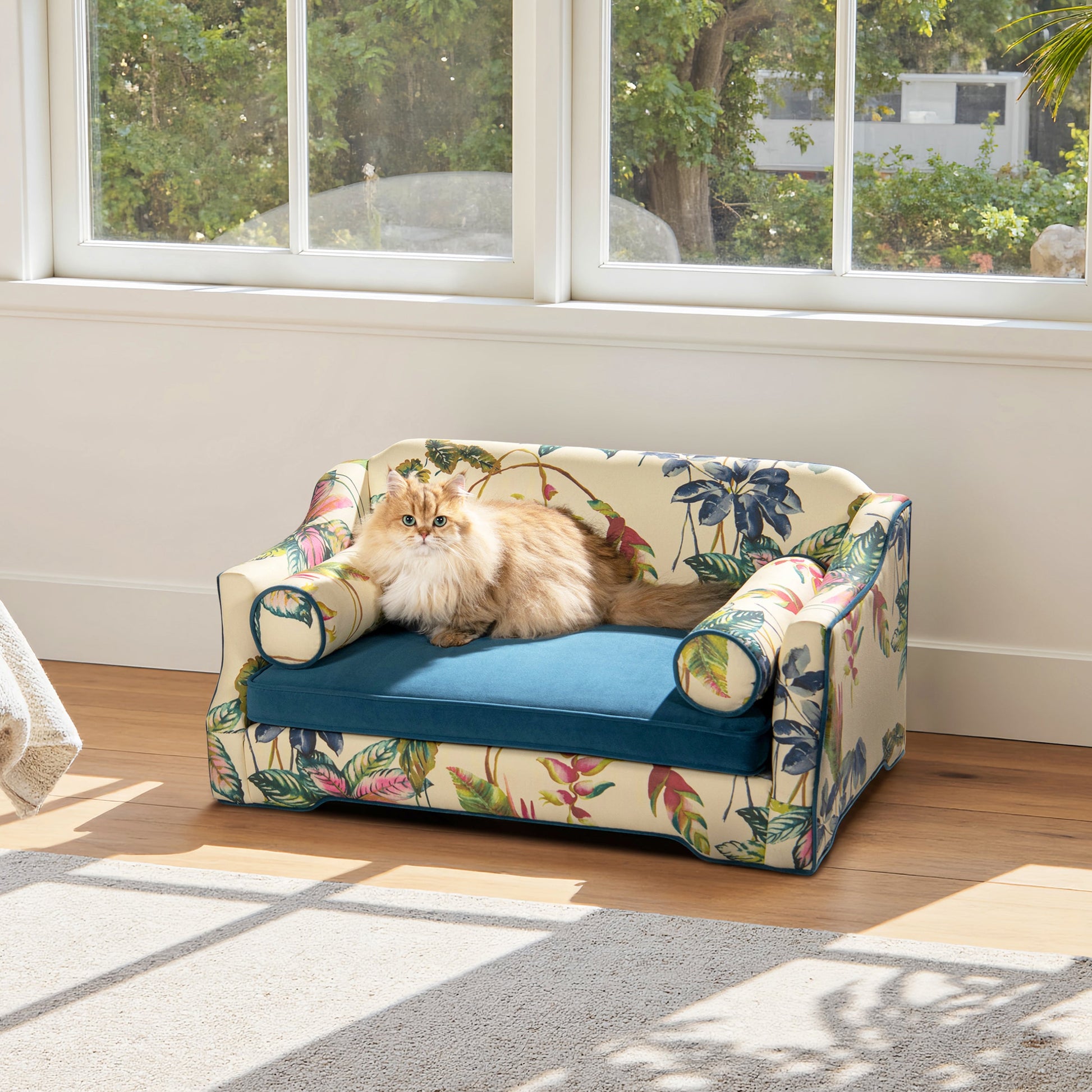 Paloma 35.5in Dog Sofa Bed Medium with tropical palm-print upholstery and teal seat on Tampa Home & Garden Store