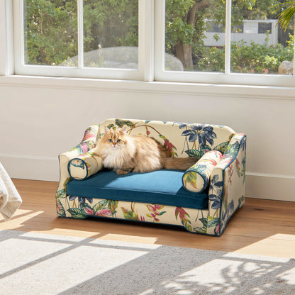 Paloma 35.5in Dog Sofa Bed Medium with tropical palm-print upholstery and teal seat on Tampa Home & Garden Store
