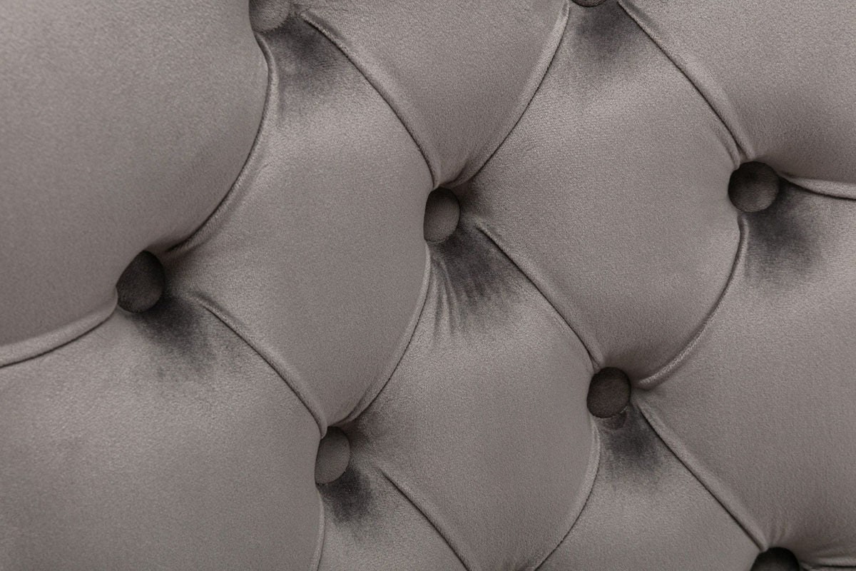 Tufted velvet dining chair set gray upholstery close-up on Tampa Home & Garden Store