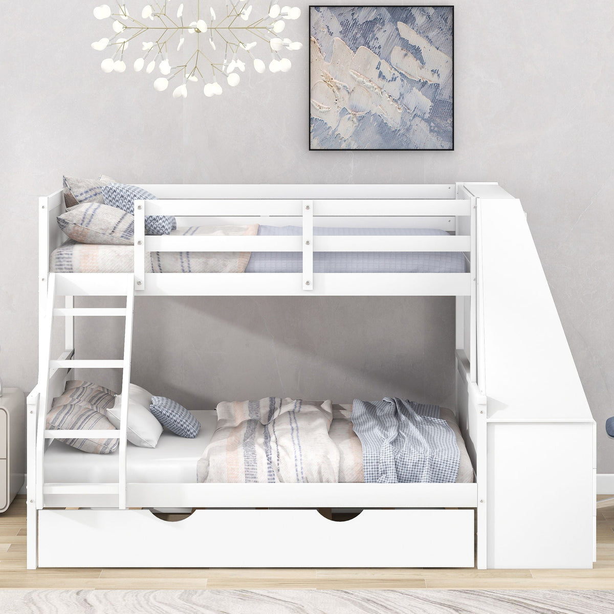 HouseOfZazla bunk bed with trundle and built-in desk, white finish with ladder and storage drawers on Tampa Home & Garden Store