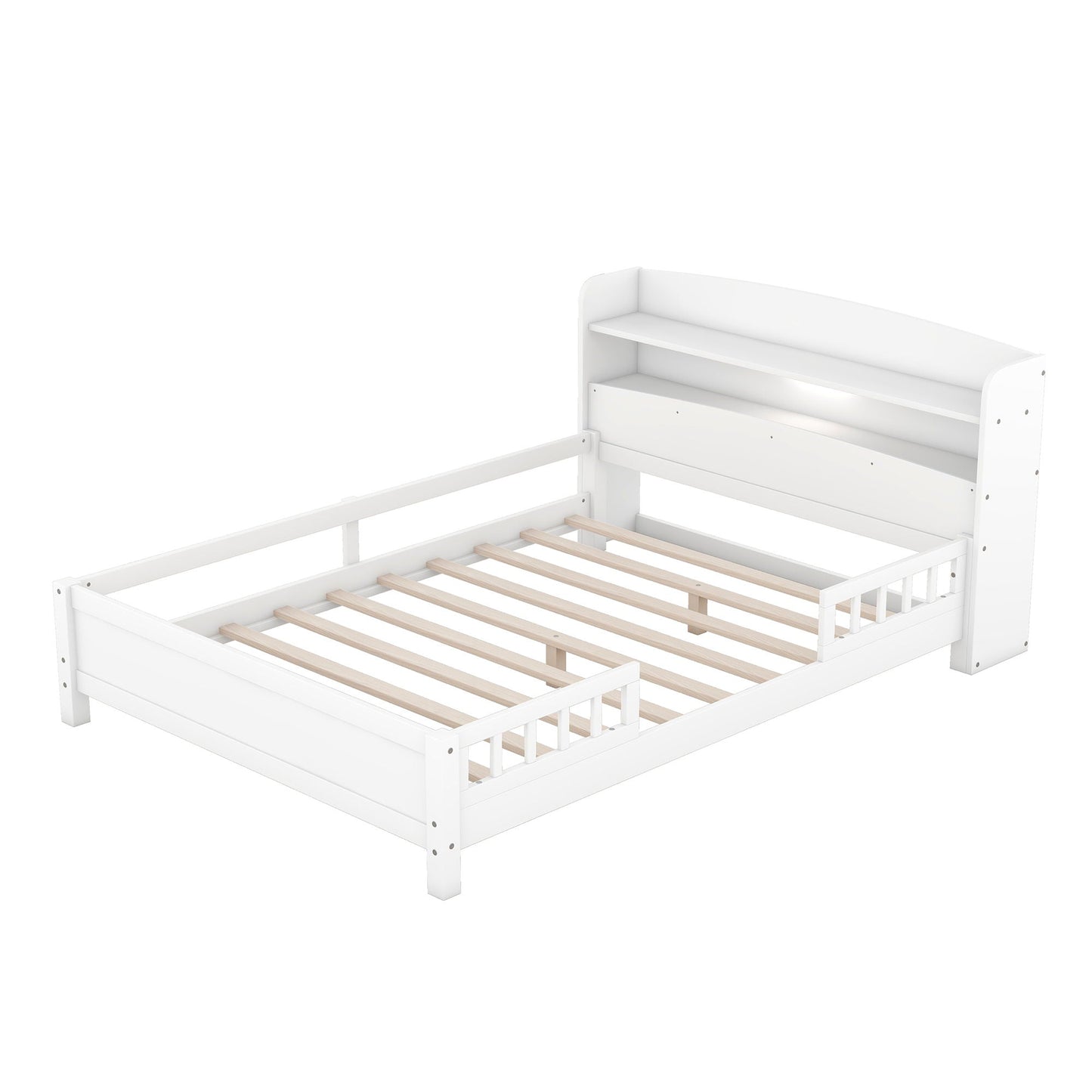 Wooden platform bed with built-in LED light, storage headboard and guardrail on Tampa Home & Garden Store