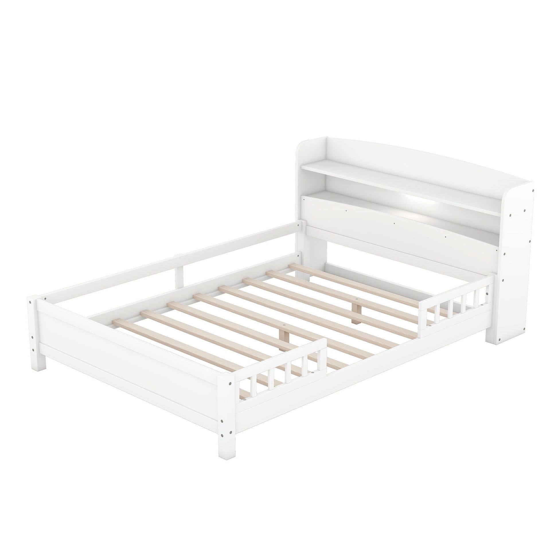 Wooden platform bed with built-in LED light, storage headboard and guardrail on Tampa Home & Garden Store