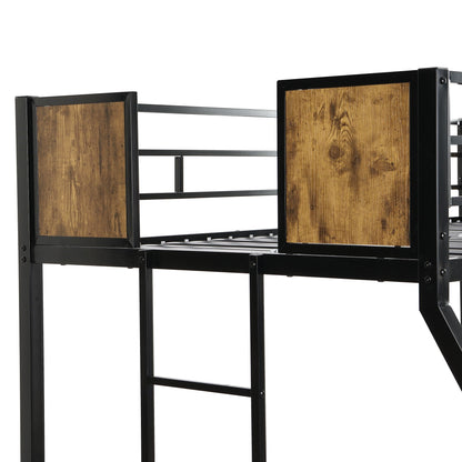 Modern Metal Bunk Bed with side ladders and guardrail, black frame with wood panels on Tampa Home & Garden Store