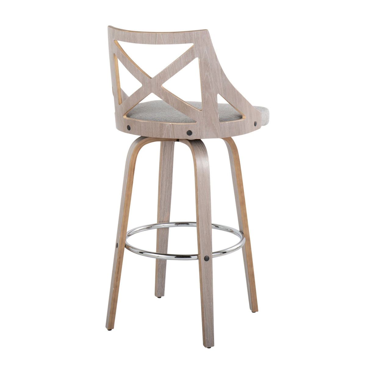 Farmhouse fixed-height bar stool with wood frame and gray fabric seat, chrome footrest on Tampa Home & Garden Store