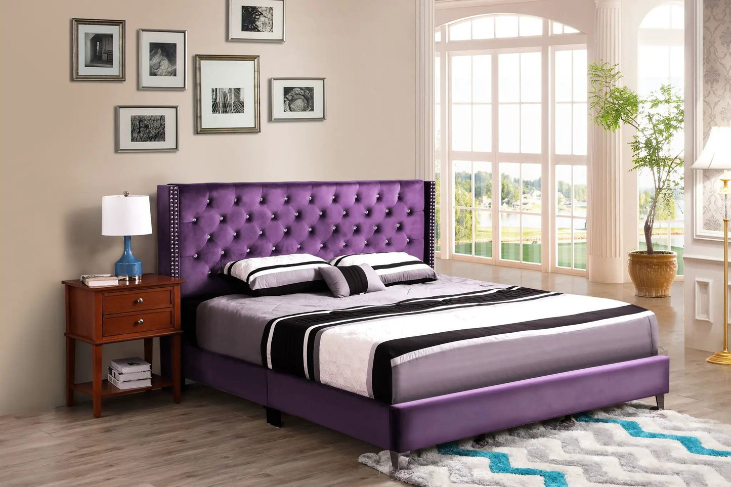 Upholstered Nailhead Trim Chic Bed in purple velvet with tufted headboard on Tampa Home & Garden Store