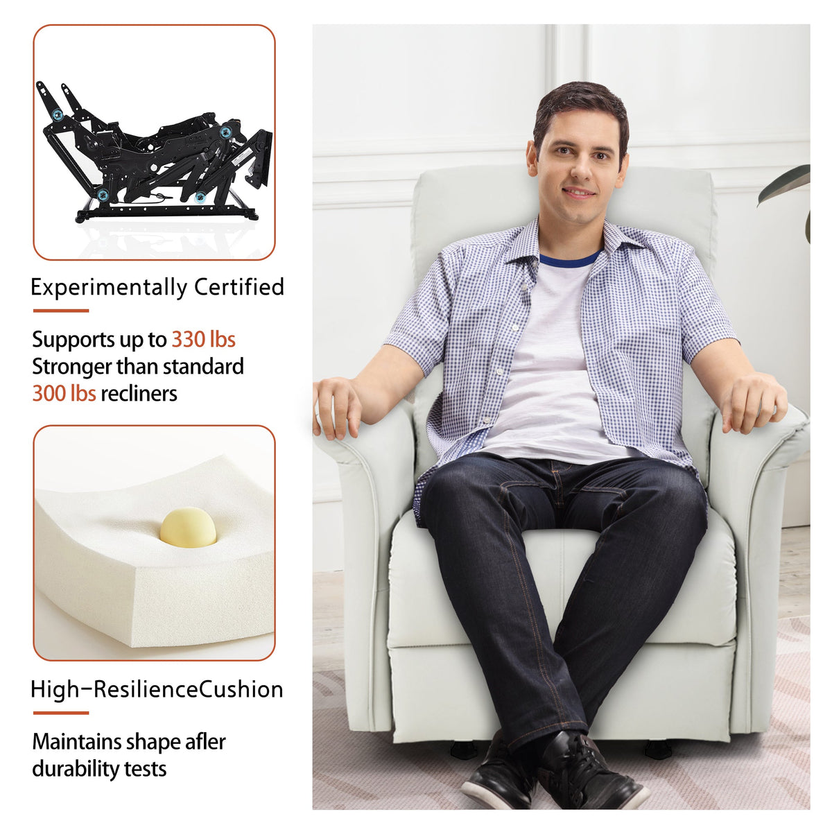 Manual Rocker Recliner Chair frame: black metal with a man in a light gray recliner on Tampa Home & Garden Store