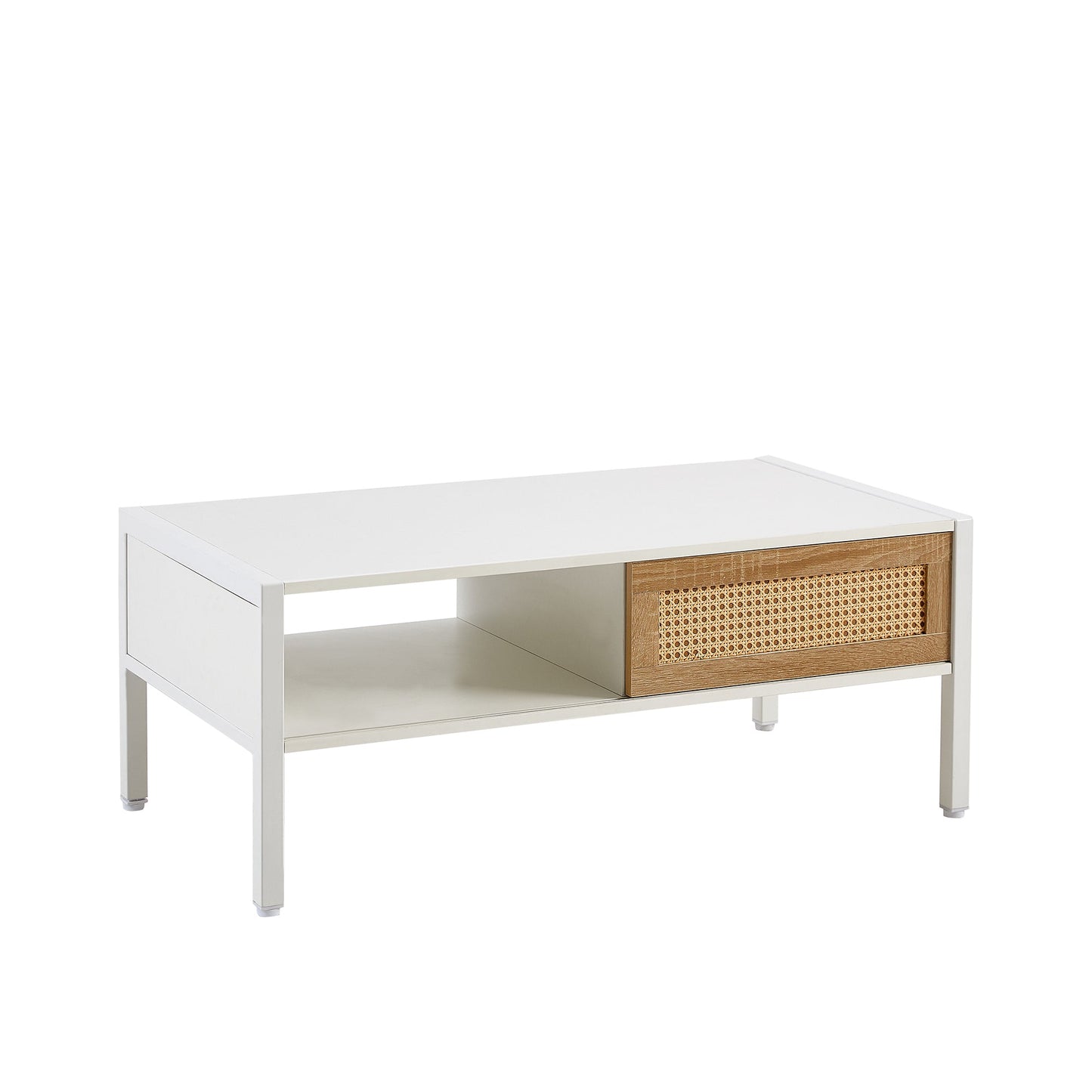 Modern Rattan Coffee Table with Sliding Door, white frame, woven cane drawer, HouseOfZazla on Tampa Home & Garden Store