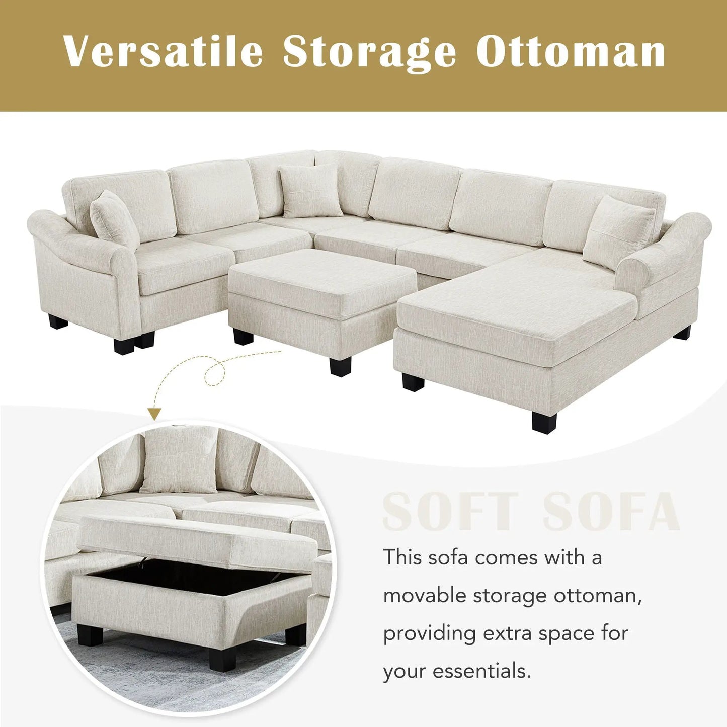 Contemporary U-Shaped Sectional Sofa with movable storage ottoman in beige fabric 2-piece set on Tampa Home & Garden Store
