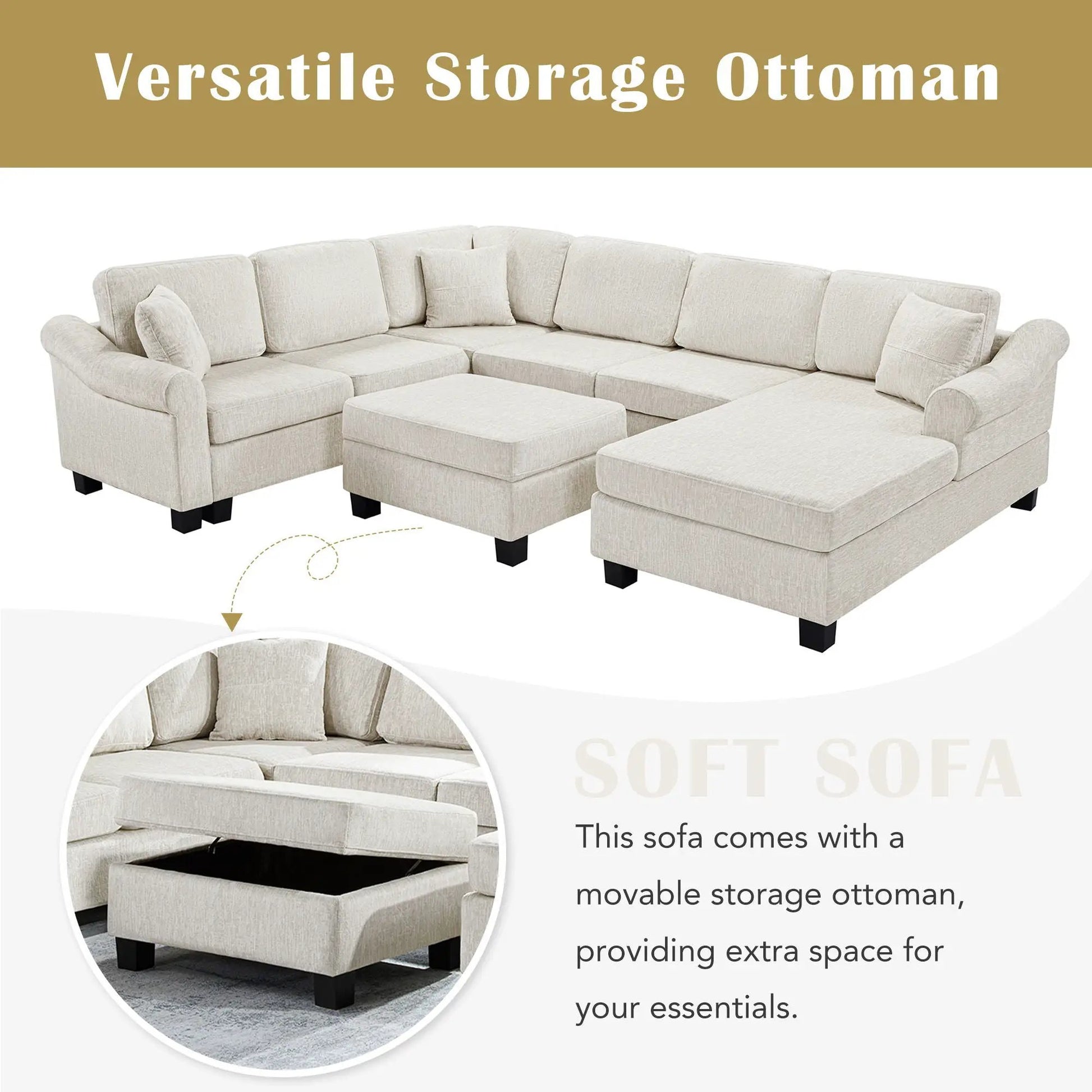 Contemporary U-Shaped Sectional Sofa with movable storage ottoman in beige fabric 2-piece set on Tampa Home & Garden Store