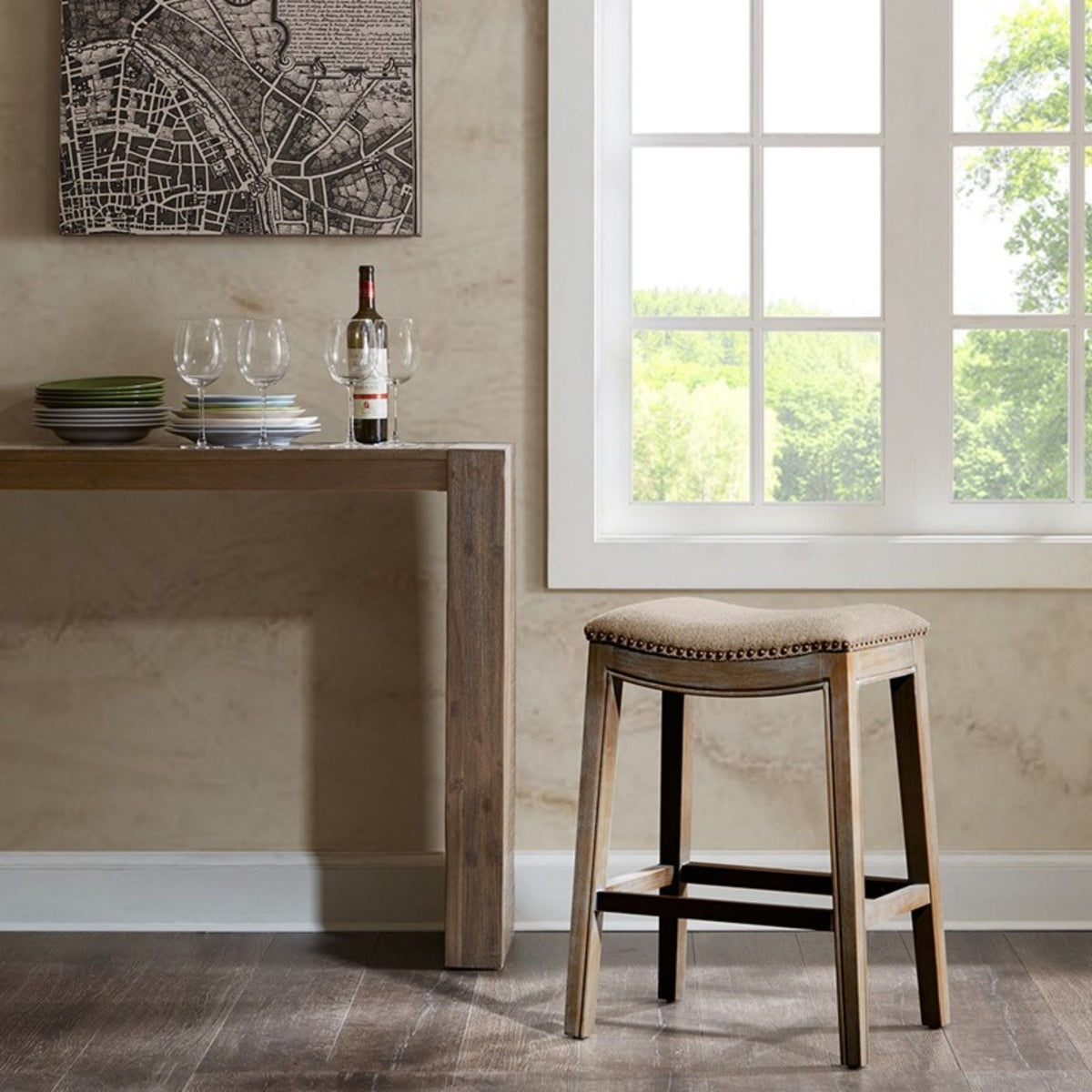 HouseOfZazla saddle counter stool with high density foam, light brown finish, counter height on Tampa Home & Garden Store