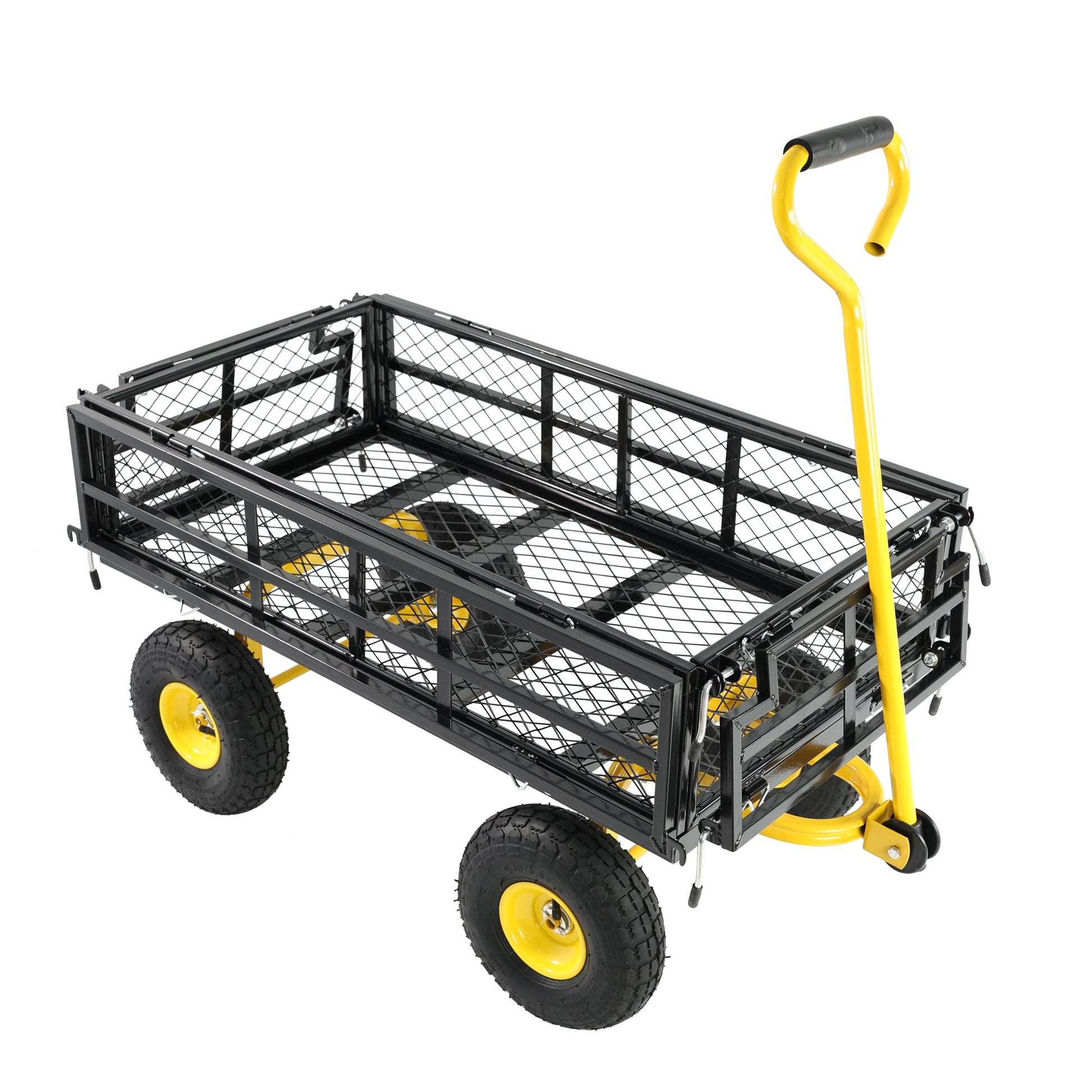 Outdoor wagon cart with black mesh basket and yellow frame by HouseOfZazla on Tampa Home & Garden Store