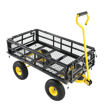 Outdoor wagon cart with black mesh basket and yellow frame by HouseOfZazla on Tampa Home & Garden Store