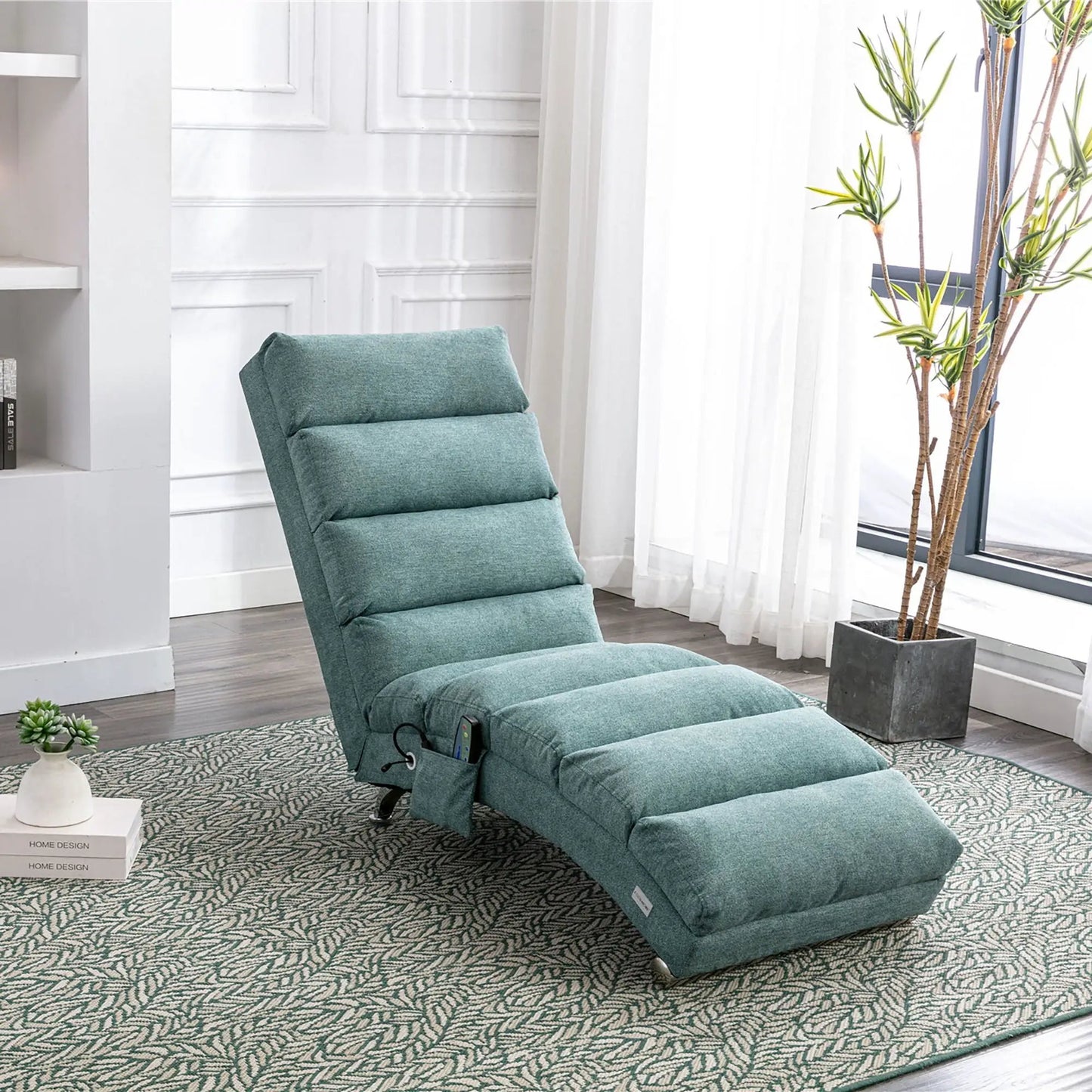 Teal fabric massage chaise lounge with adjustable back and footrest and remote control on Tampa Home & Garden Store