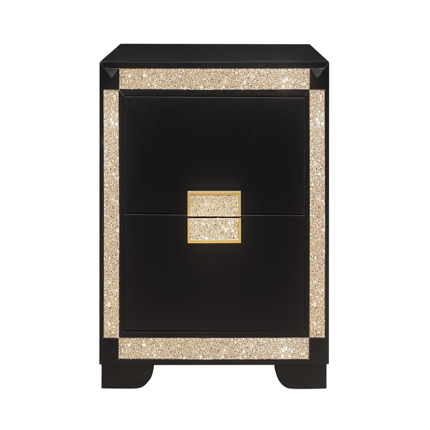 Lively nightstand with black finish, gold glitter trim and square gold pulls on Tampa Home & Garden Store