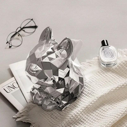 Fadou Tissue Box holder in faceted chrome dog sculpture, silver finish for living room on Tampa Home & Garden Store