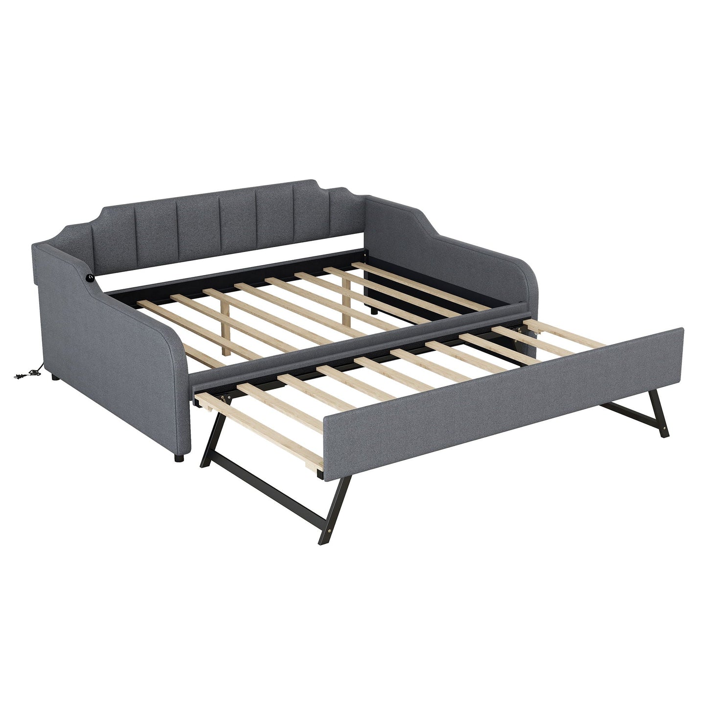 Full-size gray upholstered daybed with pull-out trundle and slatted wood bed base on Tampa Home & Garden Store