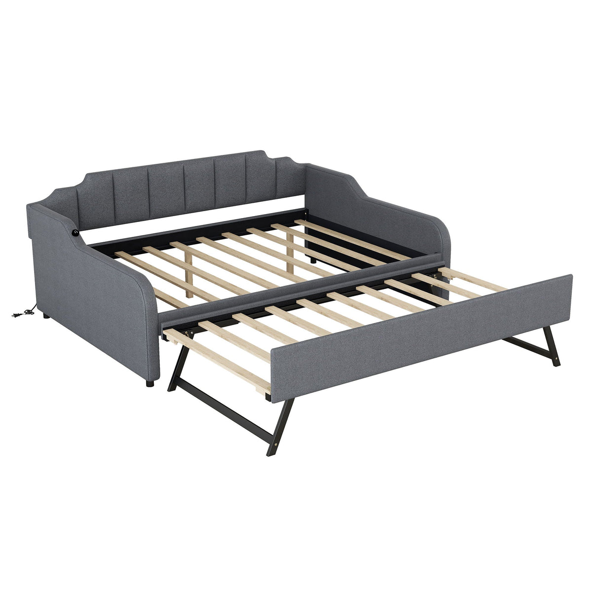 Full-size gray upholstered daybed with pull-out trundle and slatted wood bed base on Tampa Home & Garden Store
