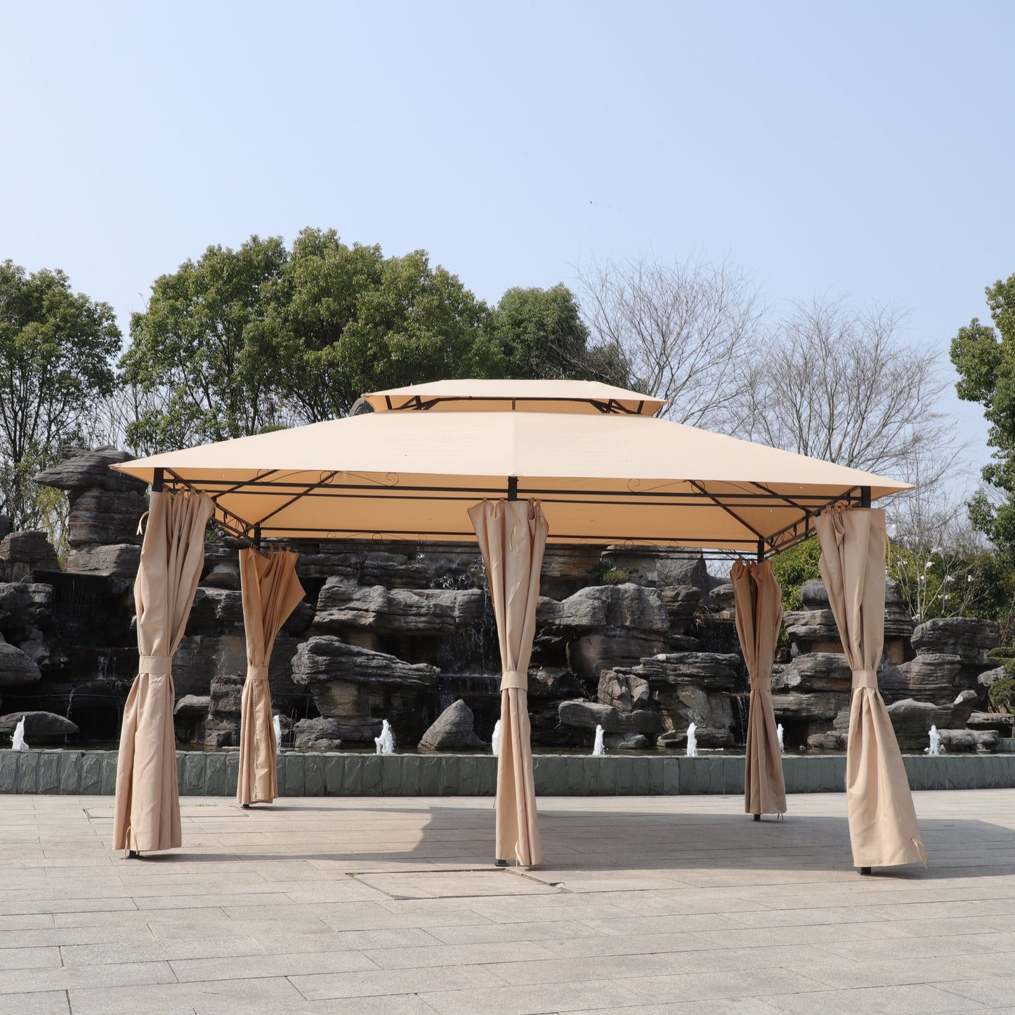 Khaki outdoor patio gazebo canopy tent with ventilated double roof and beige curtains on Tampa Home & Garden Store