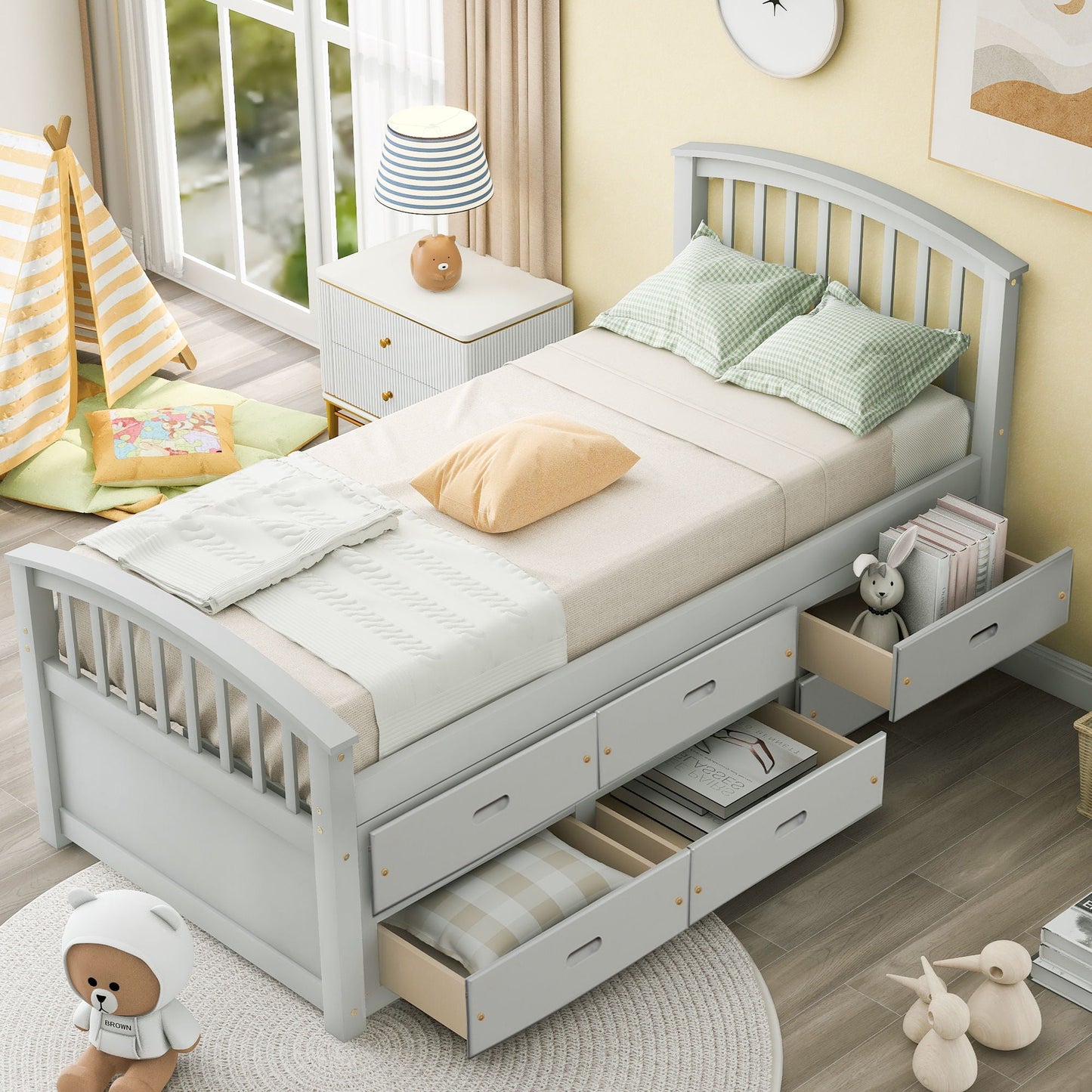 Platform storage bed solid wood in gray with 6 under-bed drawers on Tampa Home & Garden Store