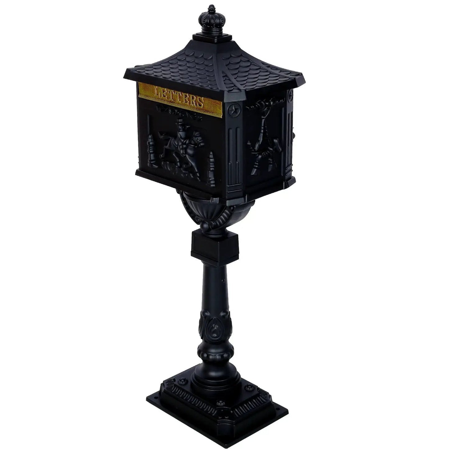 Cast aluminum mailbox on ornate black post with roof and brass plaque by Unique Piece Furniture on Tampa Home & Garden Store