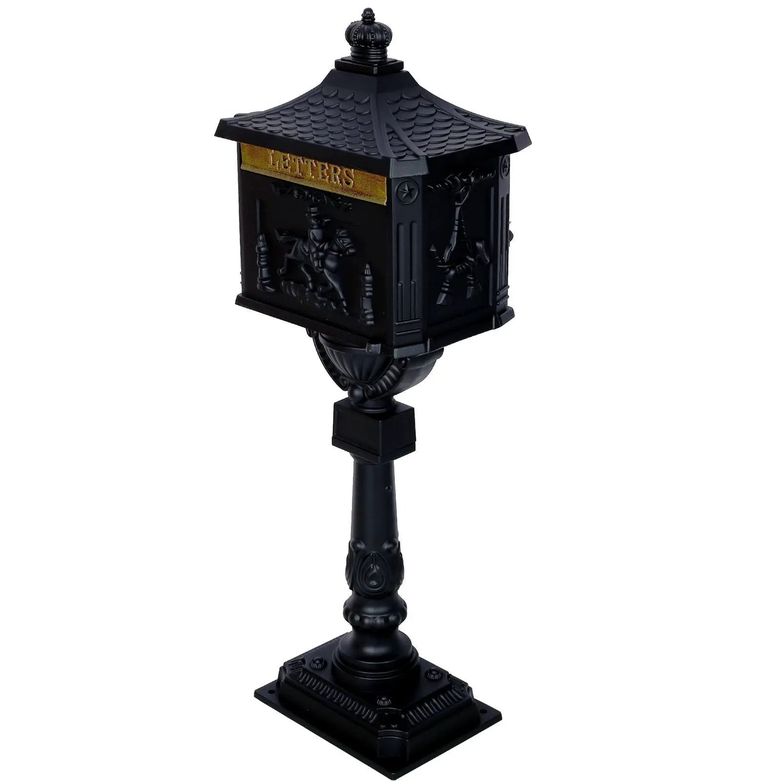 Cast aluminum mailbox on ornate black post with roof and brass plaque by Unique Piece Furniture on Tampa Home & Garden Store