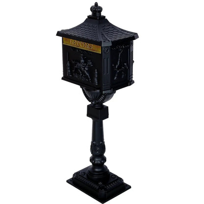 Cast aluminum mailbox on ornate black post with roof and brass plaque by Unique Piece Furniture on Tampa Home & Garden Store