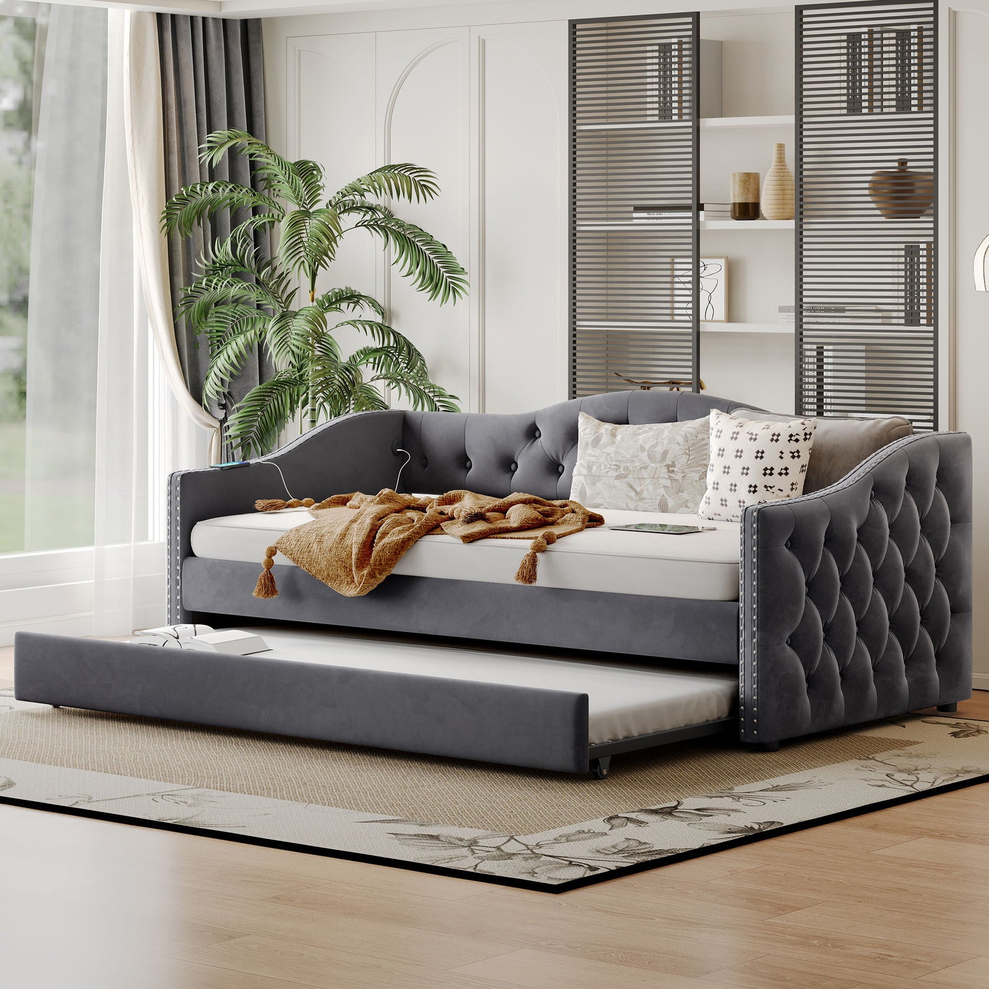 Twin size upholstered daybed with trundle and USB charging in gray by HouseOfZazla on Tampa Home & Garden Store