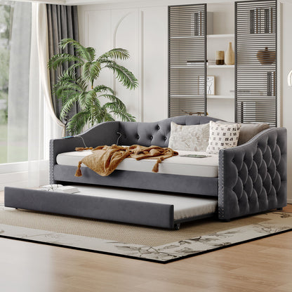 Twin size upholstered daybed with trundle and USB charging in gray by HouseOfZazla on Tampa Home & Garden Store