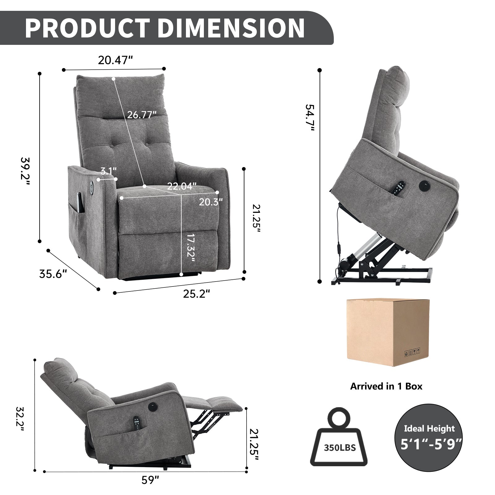 Comfortmax single-motor lift recliner chair, gray fabric with tufted back by HouseOfZazla on Tampa Home & Garden Store