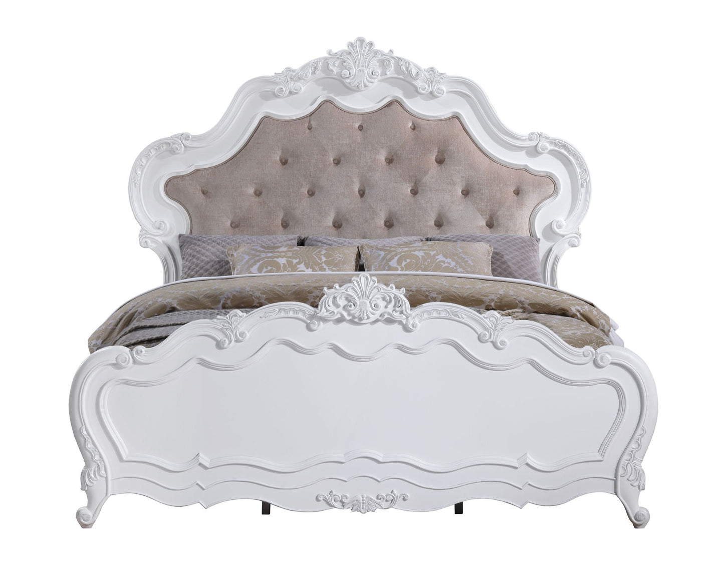 Latisha Wood Bed white carved frame with beige tufted headboard HouseOfZazla slat bed frame on Tampa Home & Garden Store